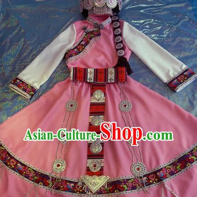 Pink Handmade Naxi Ethnic Embroidery Costume Chinese Minority Nationality Clothing