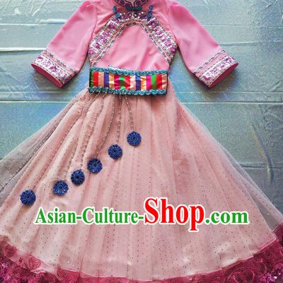 Chinese Naxi Ethnic Clothing Mosuo Minority Costume Yunnan Lijiang Stage Performance Pink Dress