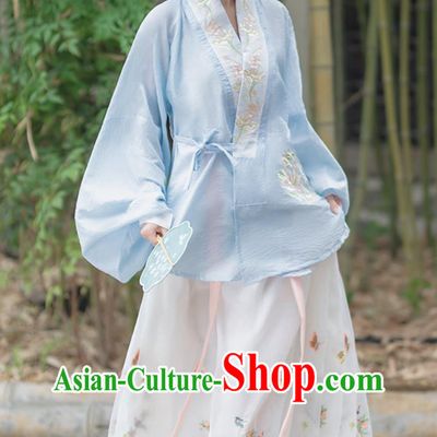 Chinese Ming Dynasty Hanfu Women Spring Summer Blue Blouse and Horse Face Skirt Complete Set