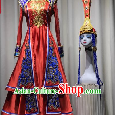 Mongolian Formal Ceremonial Gala Costume Ethnic Red Dress Traditional Dance Performance Outfit