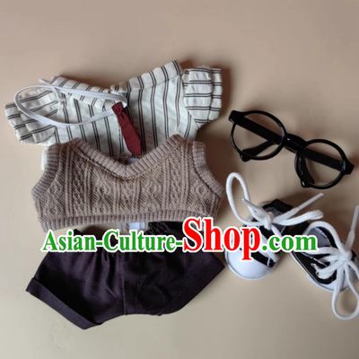Labubu Doll Costumes Vintage Workwear Set Stripe Shirt Sweater Backpack Eyeglasses and Canvas Shoes