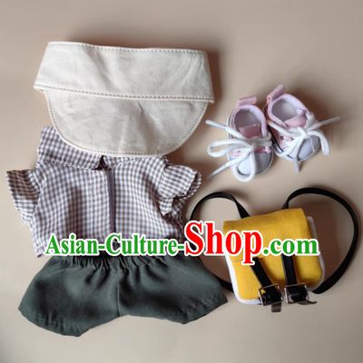 Labubu Doll Costumes Vintage Workwear Set Fisher Hat Plaid Shirt Backpack and Canvas Shoes