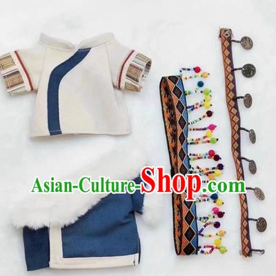Labubu Doll Costumes Chinese Tibetan Outfit Zang Nationality Blue Outfit and Headpiece Complete Set