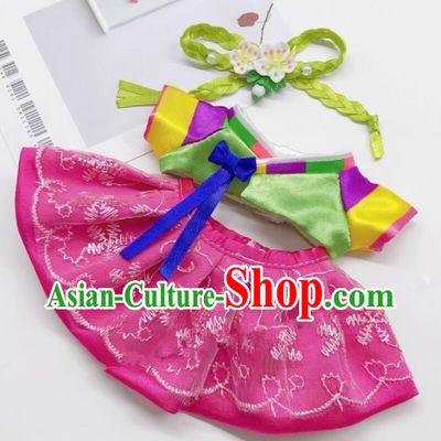 Handmade Labubu Hanbok Doll Costumes Traditional Korean Clothing Green Top and Rosy Skirt
