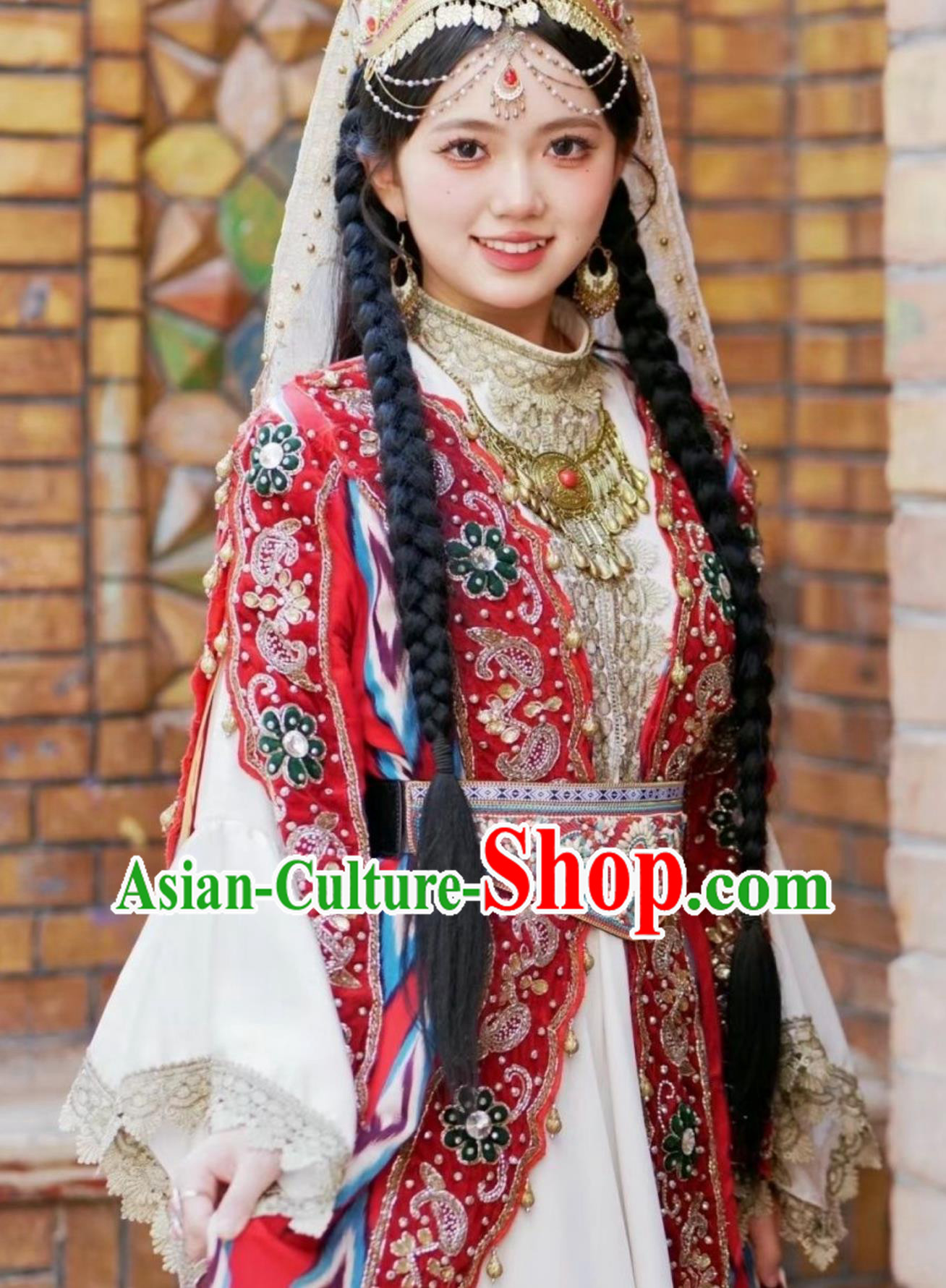 Red Xinjiang Maiden Outfit Uyghur Kashgar Princess Silk Road Costume Set