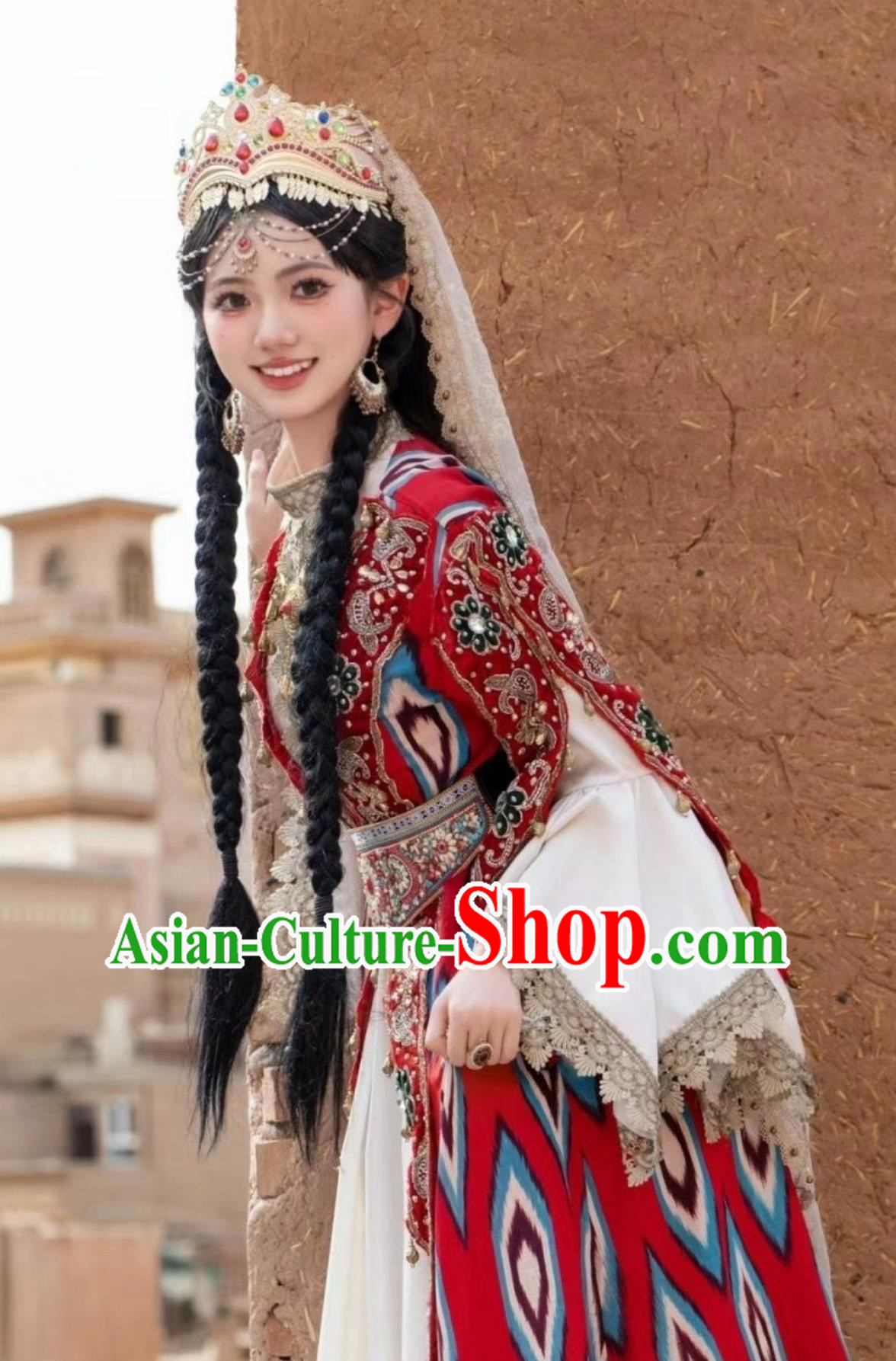 Red Xinjiang Maiden Outfit Uyghur Kashgar Princess Silk Road Costume Set