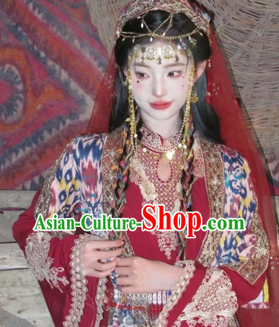 Uyghur Kashgar Princess Silk Road Costume Red Xinjiang Maiden Outfit Uyghur Kashgar Princess Silk Road Costume Red Xinjiang Maiden Outfit