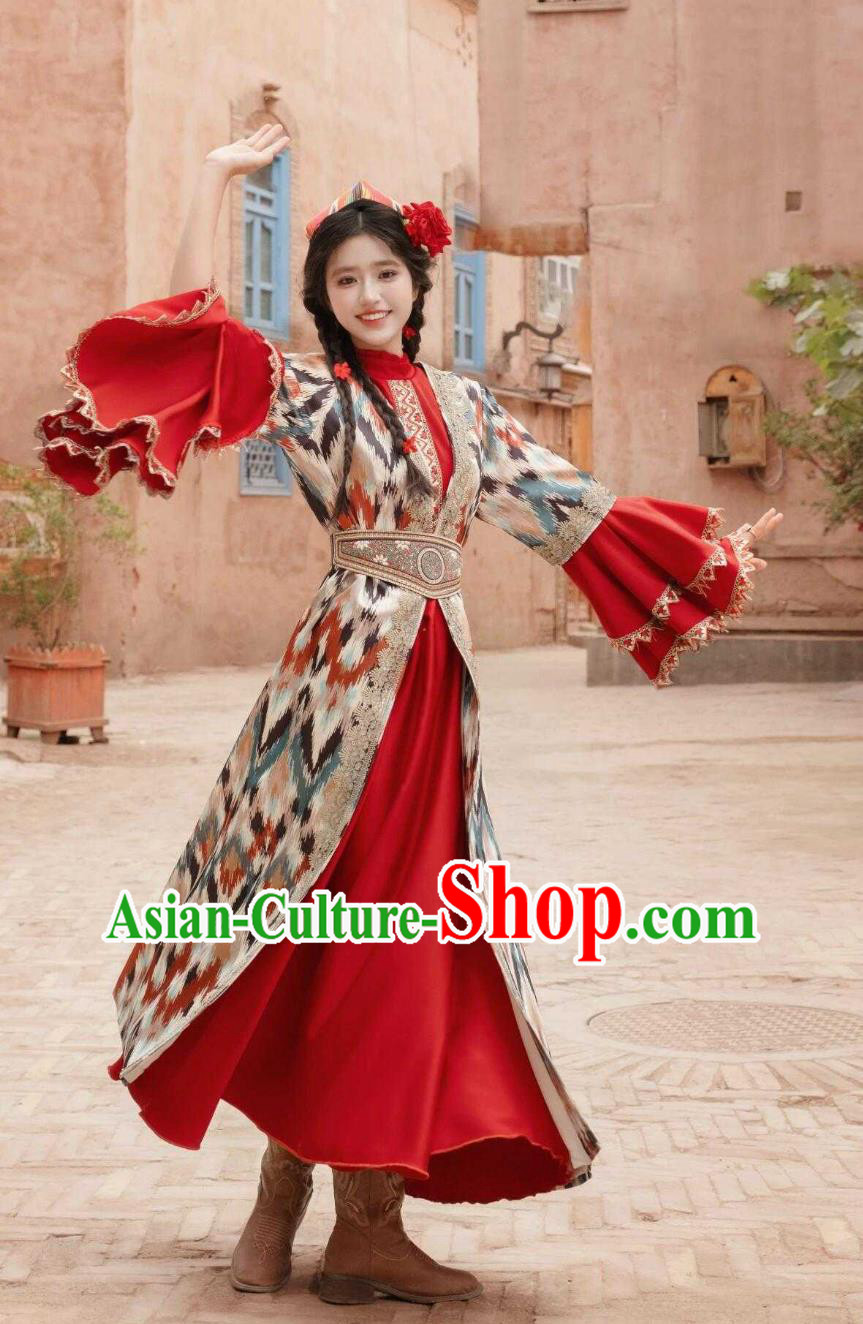 Xinjiang Kashgar Uyghur Princess Costume National Atlas Dress Retro Ethnic Dance Women Outfit Xinjiang Kashgar Uyghur Princess Costume National Atlas Dress Retro Ethnic Dance Women Outfit