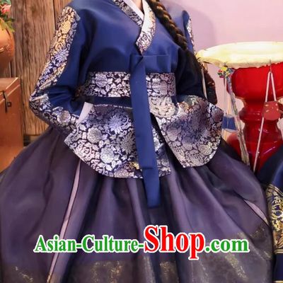 Korean Hanbok Traditional Palace Gown Noble Princess Blue Blouse and Purple Dress Set