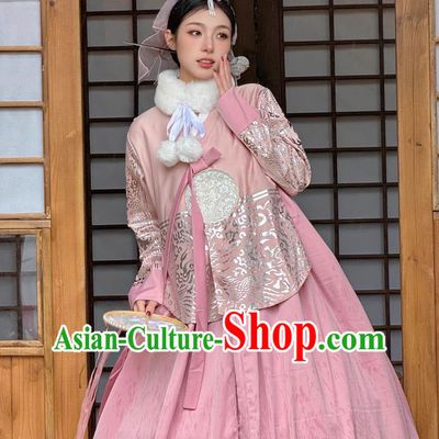 Pink Korean Hanbok Ancient Court Style Ethnic Attire Yanji Princess Blouse and Dress Set