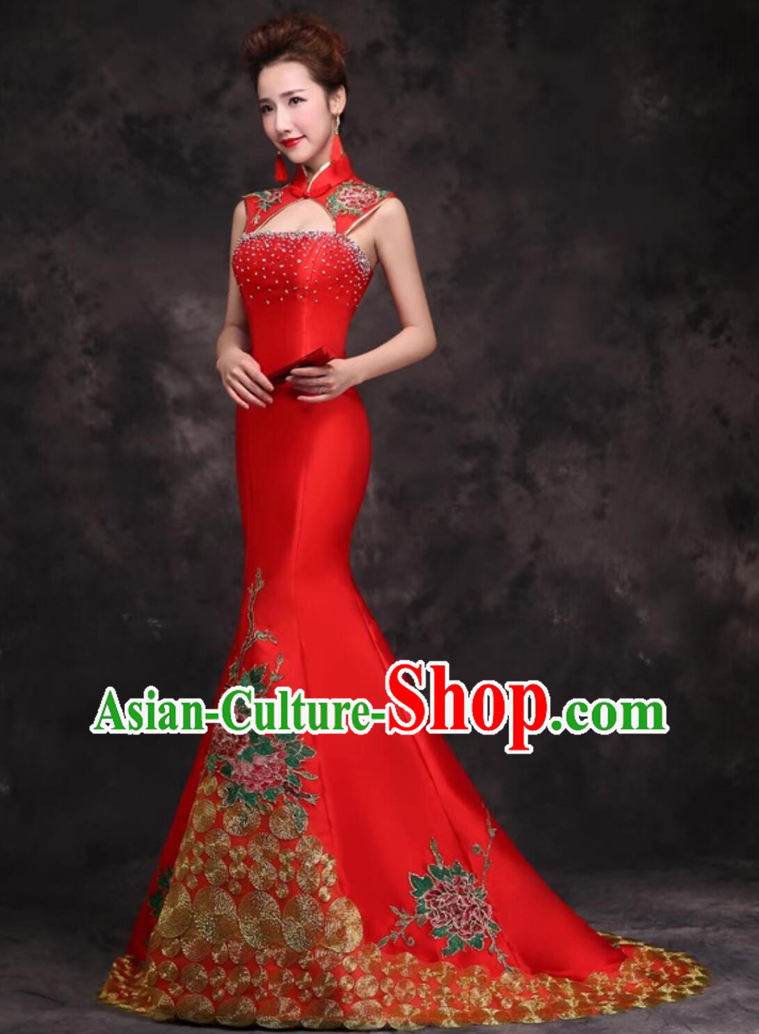 Chinese Style Performance Qipao Wedding Banquet Dress Embroidered Mermaid Tail Evening Gown Chinese Style Performance Qipao Wedding Banquet Dress Embroidered Mermaid Tail Evening Gown