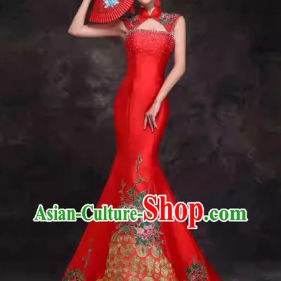 Chinese Style Performance Qipao Wedding Banquet Dress Embroidered Mermaid Tail Evening Gown