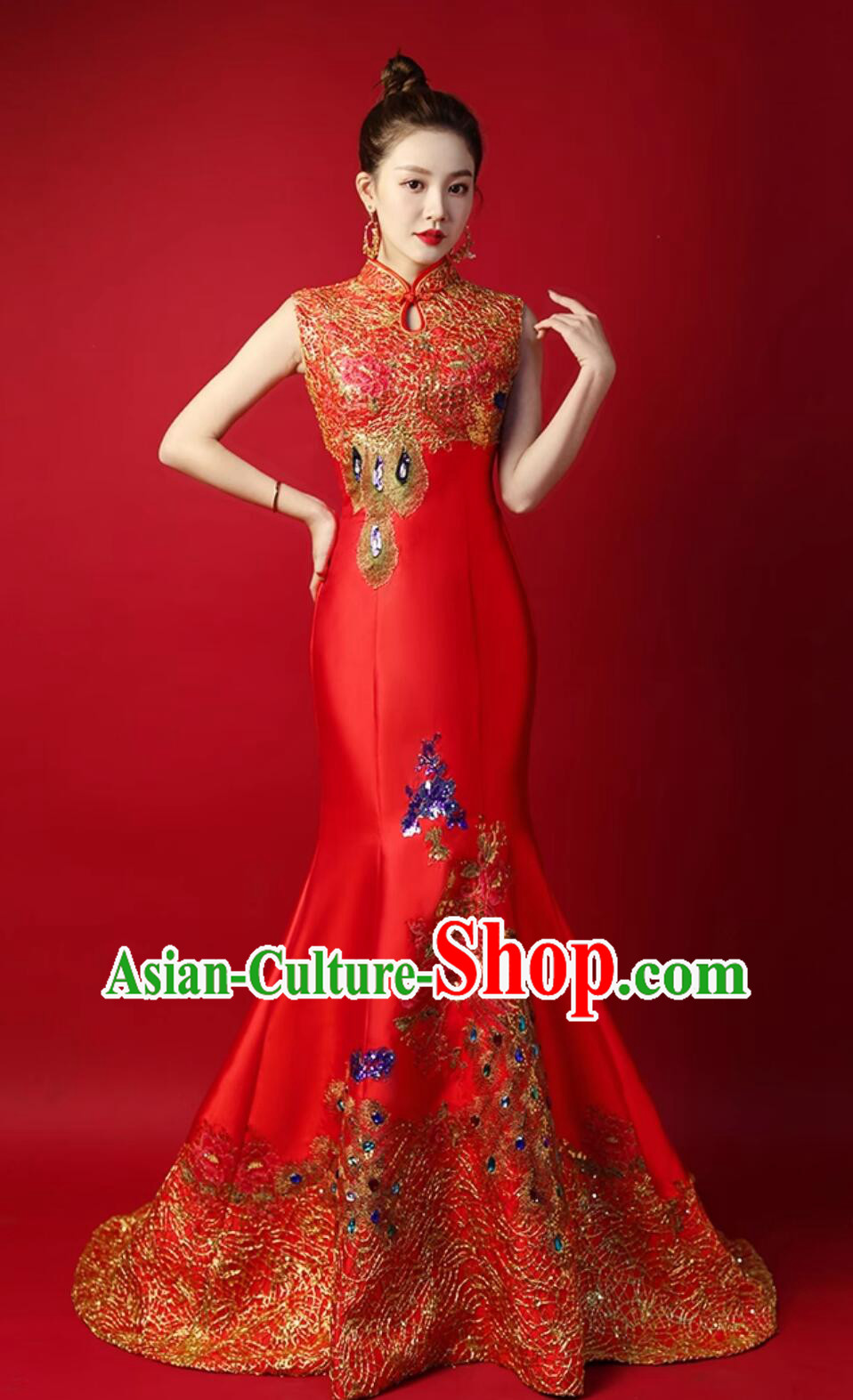 Chinese Style Red Train Gown Model Runway Show Red Mermaid Dress Bride Wedding Qipao Chinese Style Red Train Gown Model Runway Show Red Mermaid Dress Bride Wedding Qipao
