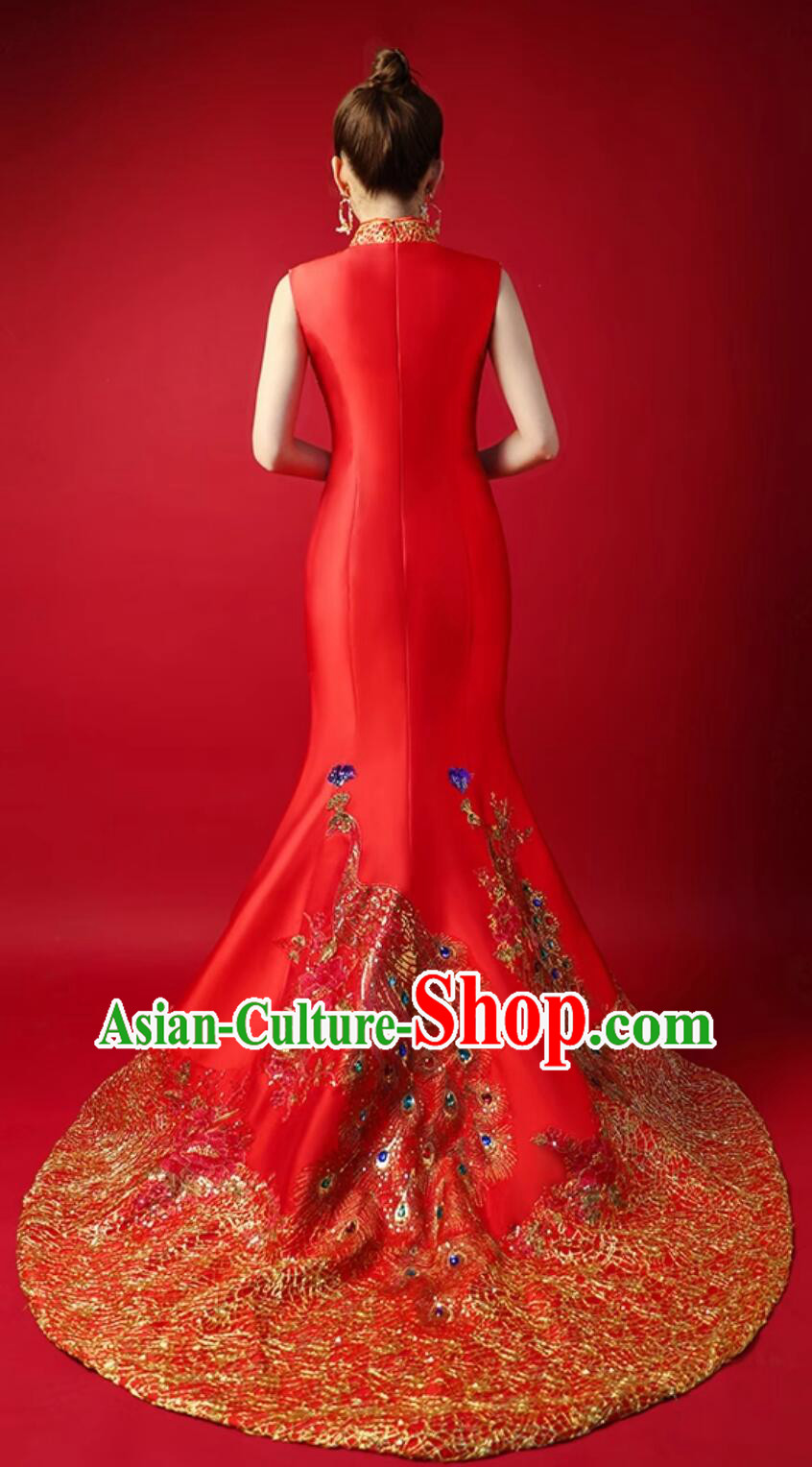 Chinese Style Red Train Gown Model Runway Show Red Mermaid Dress Bride Wedding Qipao Chinese Style Red Train Gown Model Runway Show Red Mermaid Dress Bride Wedding Qipao