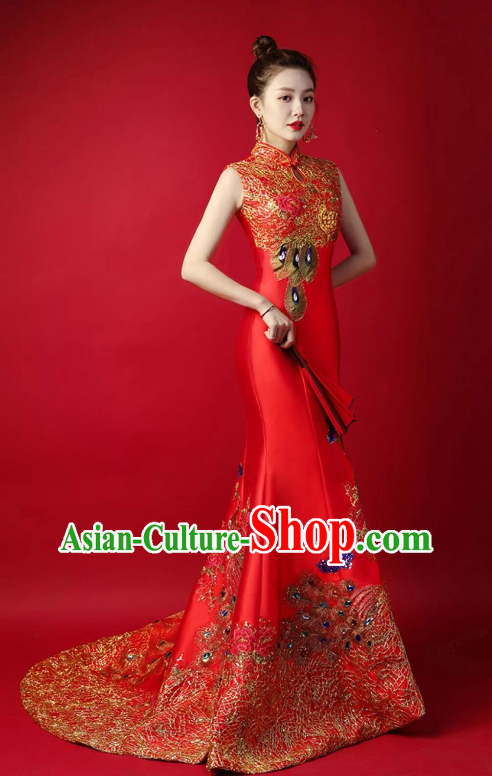 Chinese Style Red Train Gown Model Runway Show Red Mermaid Dress Bride Wedding Qipao Chinese Style Red Train Gown Model Runway Show Red Mermaid Dress Bride Wedding Qipao