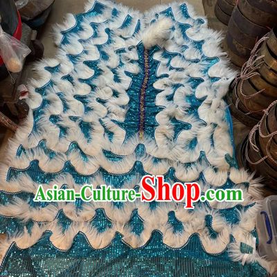 Blue Sequins Chinese Lion Dance Tail and Pants Traditional White Wool Lion Costumes Set