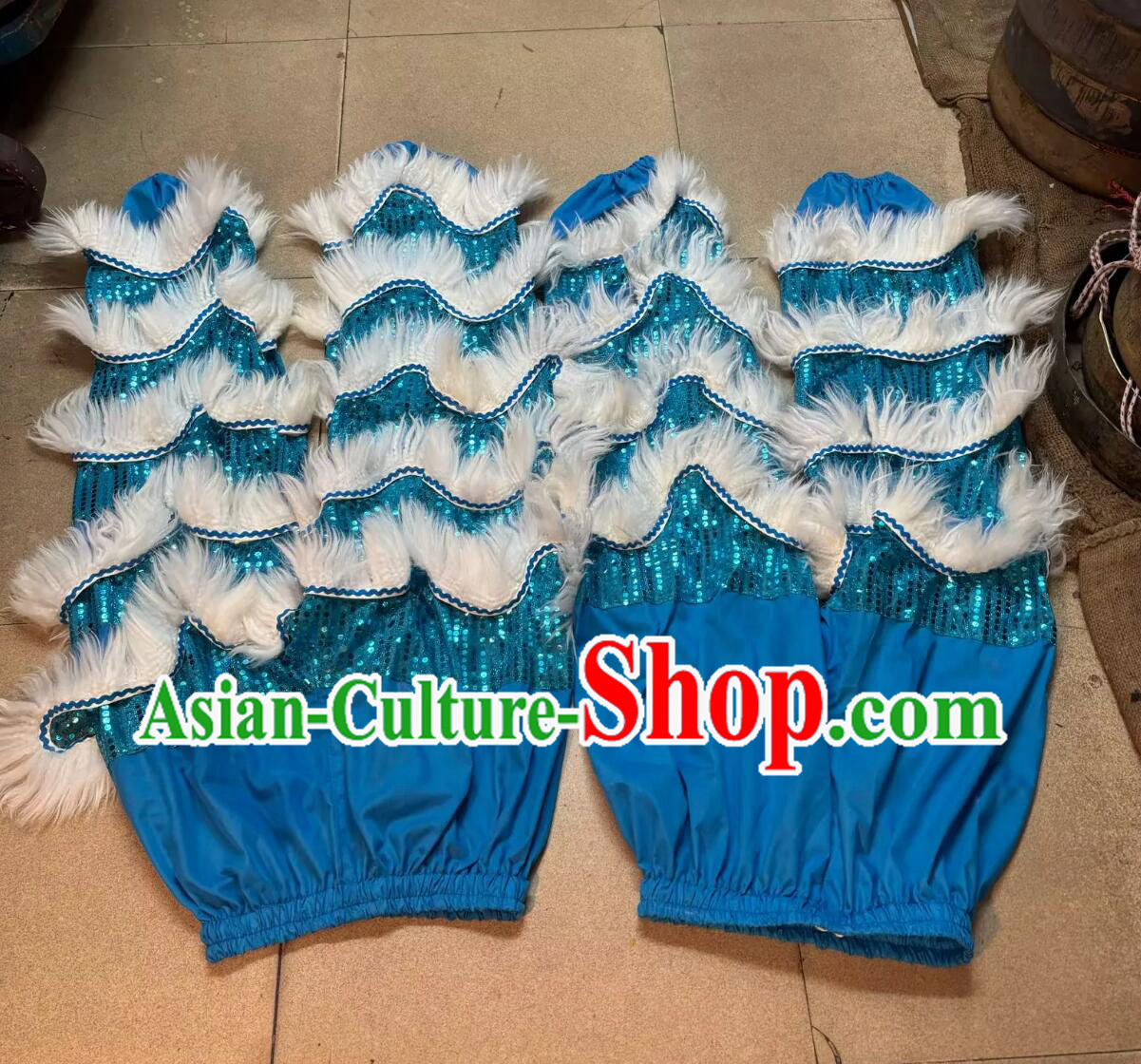 Blue Sequins Chinese Lion Dance Tail and Pants Traditional White Wool Lion Costumes Set Blue Sequins Chinese Lion Dance Tail and Pants Traditional White Wool Lion Costumes Set