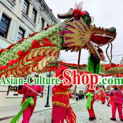 Chinese Festival Dragon Dance Equipment Green Cloth Traditional Dragon Dance Prop Dragon Head and Costume Complete Set