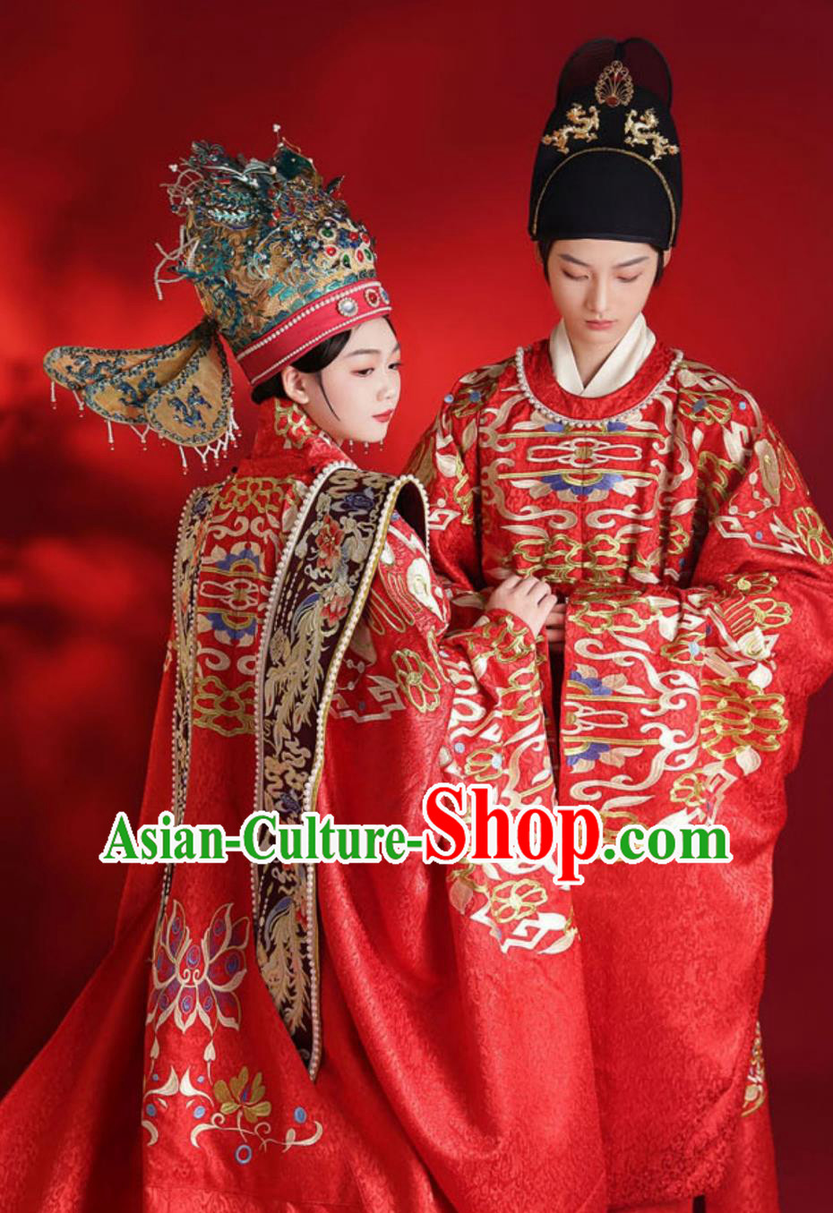 Chinese Hanfu Wedding Attires Traditional Ming Dynasty Embroidered Gowns Couple Complete Set Chinese Hanfu Wedding Attires Traditional Ming Dynasty Embroidered Gowns Couple Complete Set
