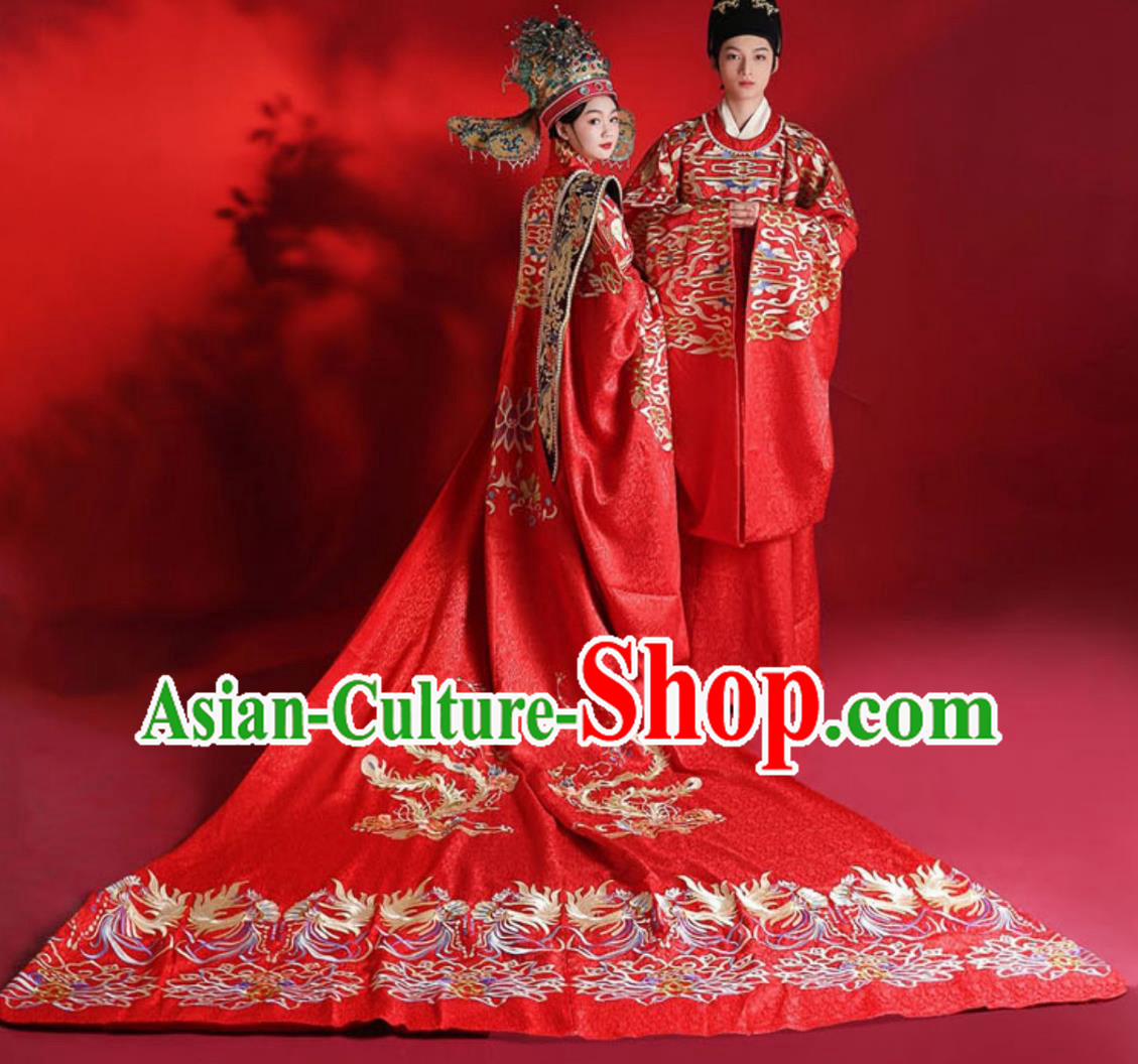 Chinese Hanfu Wedding Attires Traditional Ming Dynasty Embroidered Gowns Couple Complete Set Chinese Hanfu Wedding Attires Traditional Ming Dynasty Embroidered Gowns Couple Complete Set