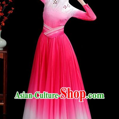 Pink Chinese Women Group Performance Costume 720 Degree Opening Dance Flared Dress