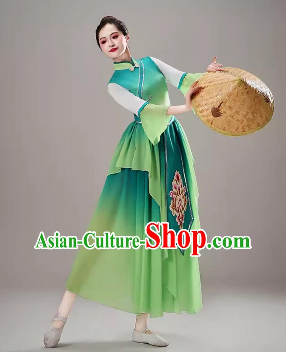 Chinese Style Bamboo Hat Dance Outfit Tea Picking Dance Yangko Costume Folk Dance Green Clothing Chinese Style Bamboo Hat Dance Outfit Tea Picking Dance Yangko Costume Folk Dance Green Clothing