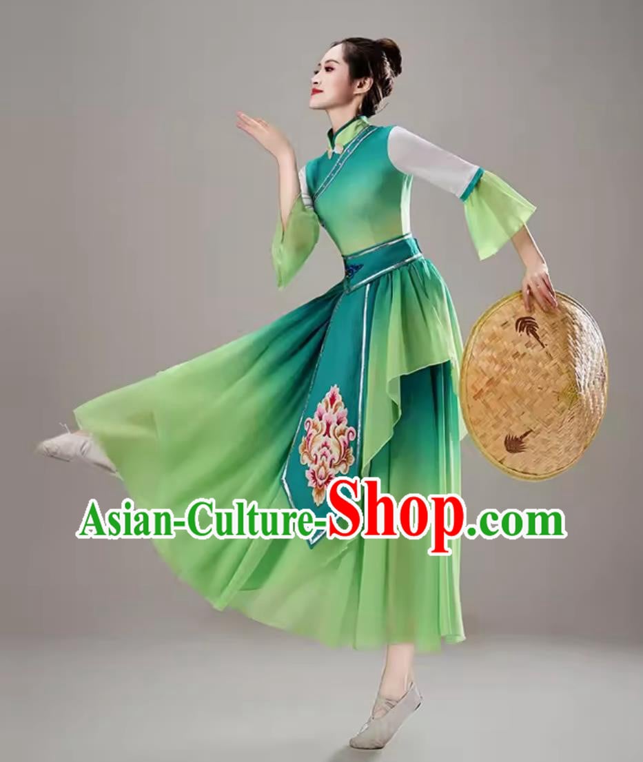 Chinese Style Bamboo Hat Dance Outfit Tea Picking Dance Yangko Costume Folk Dance Green Clothing Chinese Style Bamboo Hat Dance Outfit Tea Picking Dance Yangko Costume Folk Dance Green Clothing