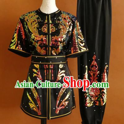 Sequins Embroidery Kung Fu Suit Martial Arts Training Competition Costume Wushu Chang Quan Black Uniform