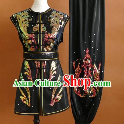 Wushu Nanquan Black Uniform Sequins Embroidery Kung Fu Suit Martial Arts Training Competition Costume
