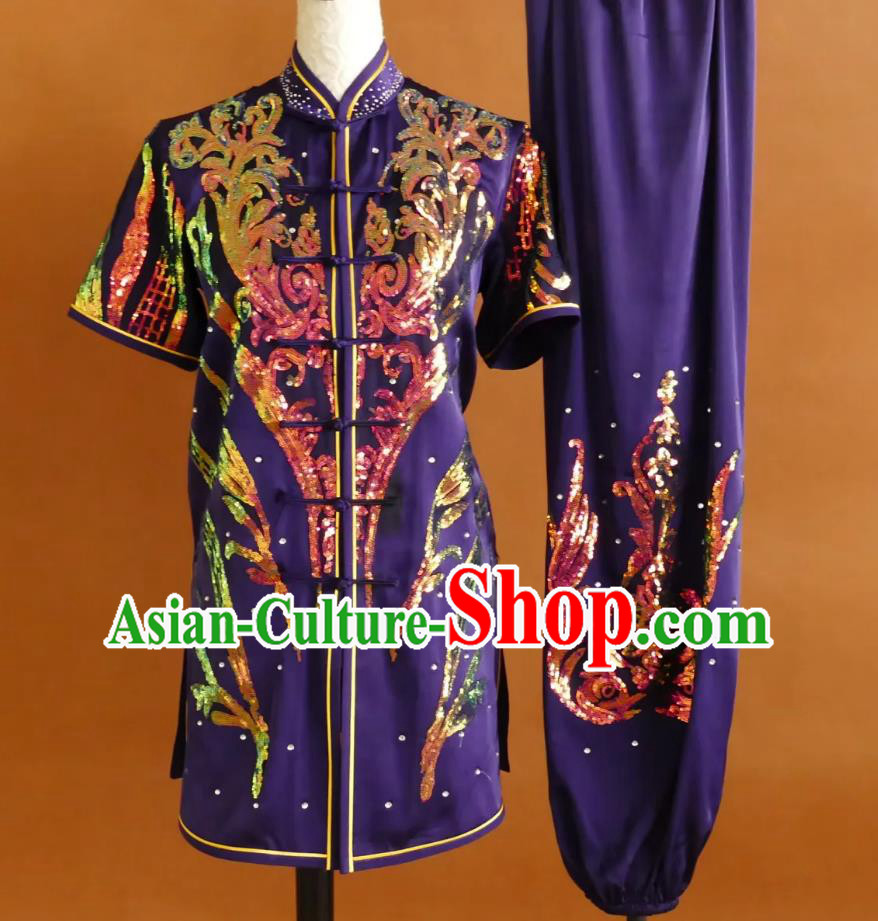 Professional Changquan Uniform Glitter Embroidery Martial Arts Purple Suit Wushu Training Competition Costume