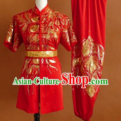 Professional Kung Fu Training Uniform Glitter Embroidery Martial Arts Red Suit Wushu Changquan Competition Costume