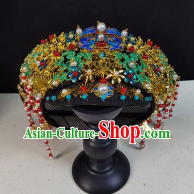 Qing Dynasty Manchu Headpiece Ruyi Zhuan Style Empress Noble Consort Blueing Hat Handmade Diadem Hair Accessory