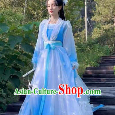 Ancient Chinese Fairy Clothing Traditional Hanfu Gradient Blue Dress