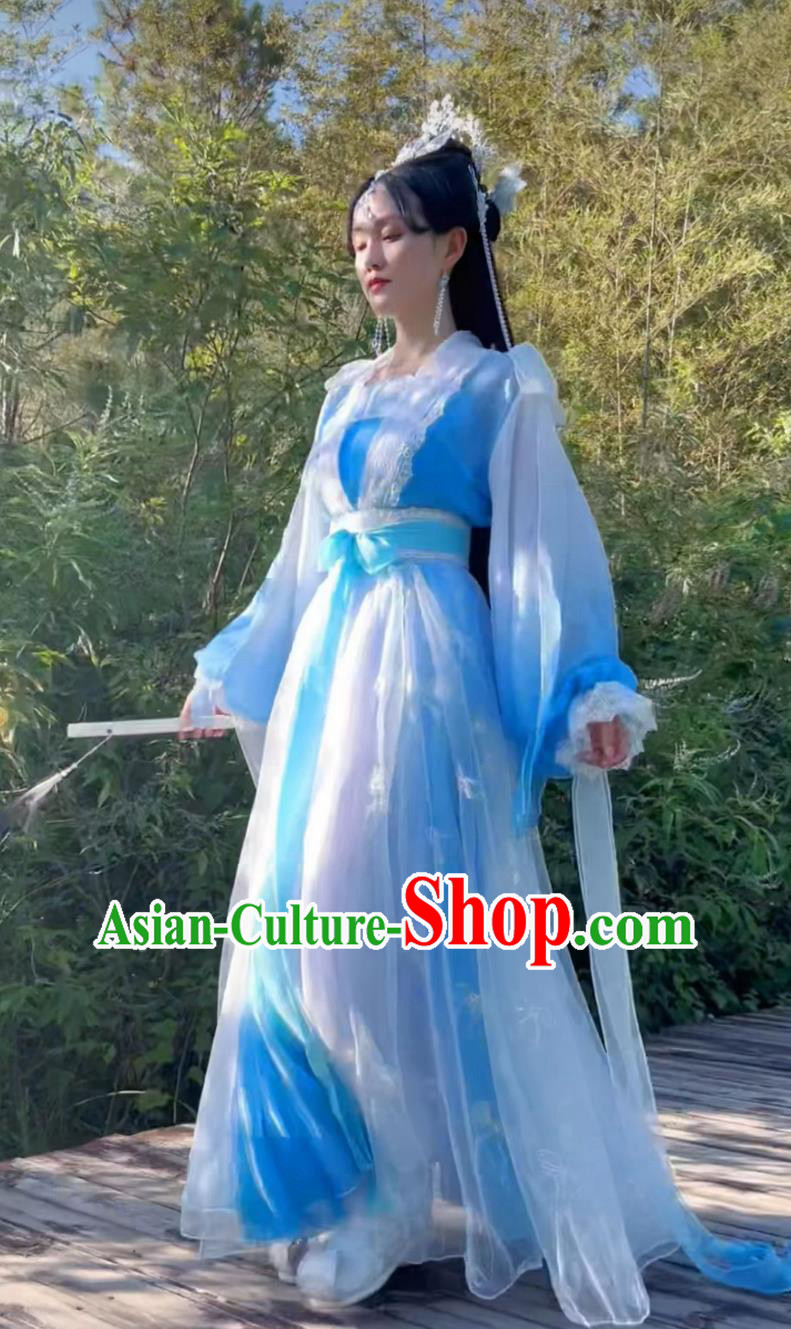 Ancient Chinese Fairy Clothing Traditional Hanfu Gradient Blue Dress Ancient Chinese Fairy Clothing Traditional Hanfu Gradient Blue Dress