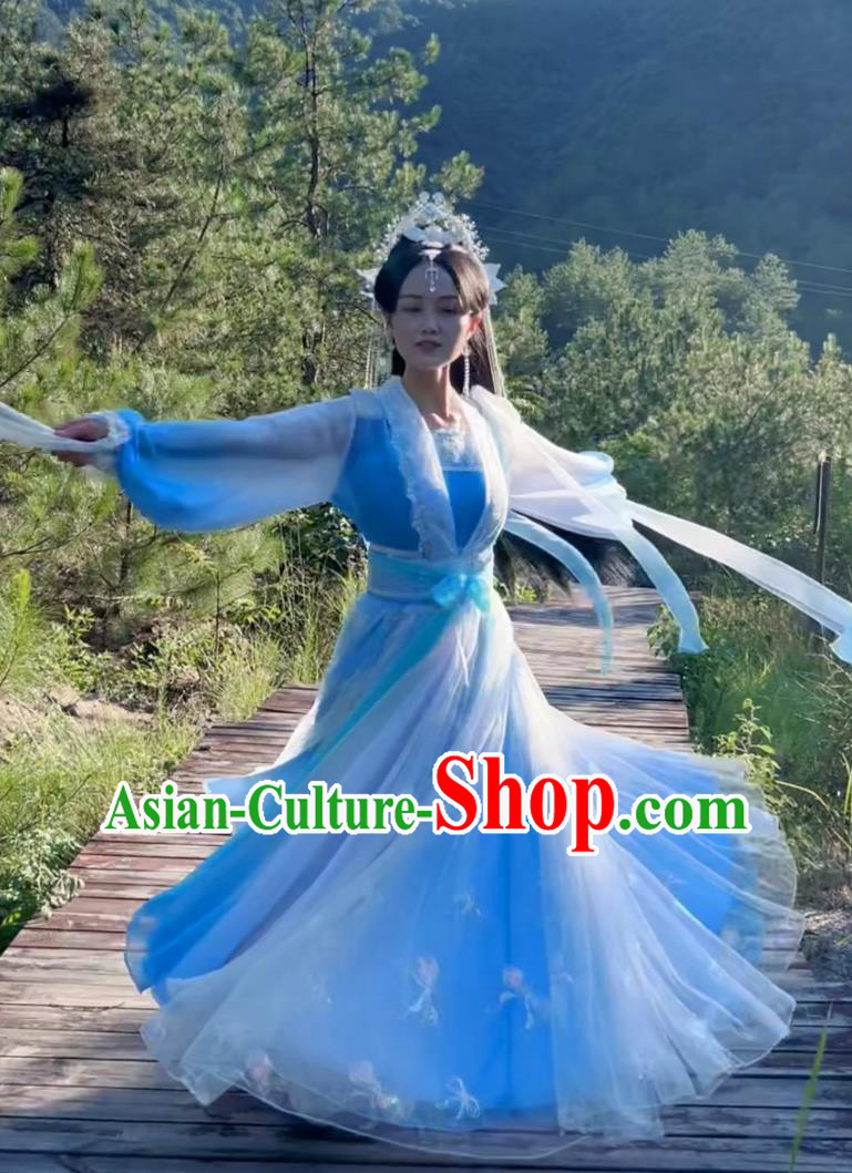 Ancient Chinese Fairy Clothing Traditional Hanfu Gradient Blue Dress Ancient Chinese Fairy Clothing Traditional Hanfu Gradient Blue Dress