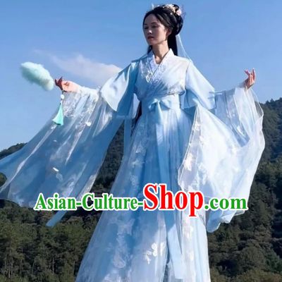 Ancient Chinese Fairy Princess Clothing Traditional Wide Sleeve Hanfu Embroidered Butterfly Blue Dress