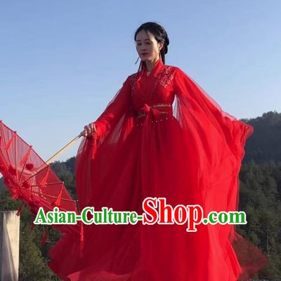 Traditional Wuxia Hanfu Jin Dynasty Red Wide Sleeve Dress Ancient Chinese Swordswoman Clothing