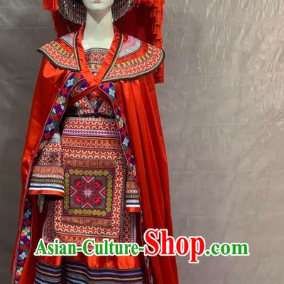 Yao Ethnic Costume Chinese Women Minority Dance Performance Red Dress Outfit Guangxi Traditional Clothing