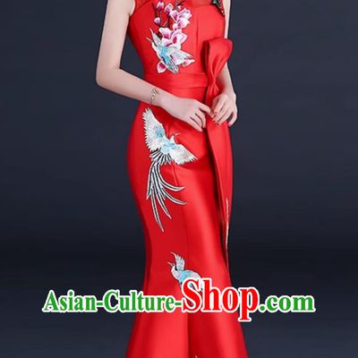 Red Chinese Style Banquet Evening Gown Stage Performance Sleeveless Slim Long Qipao Dress