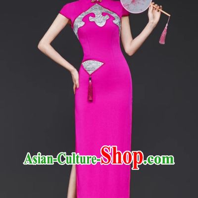 Master of Ceremonies Qipao Rose Red Performance Modified Runway Show Long Dress