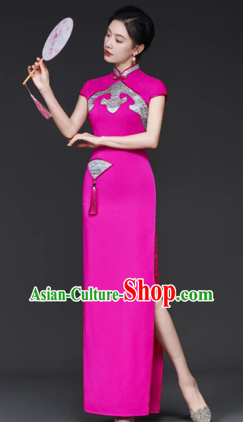 Master of Ceremonies Qipao Rose Red Performance Modified Runway Show Long Dress
