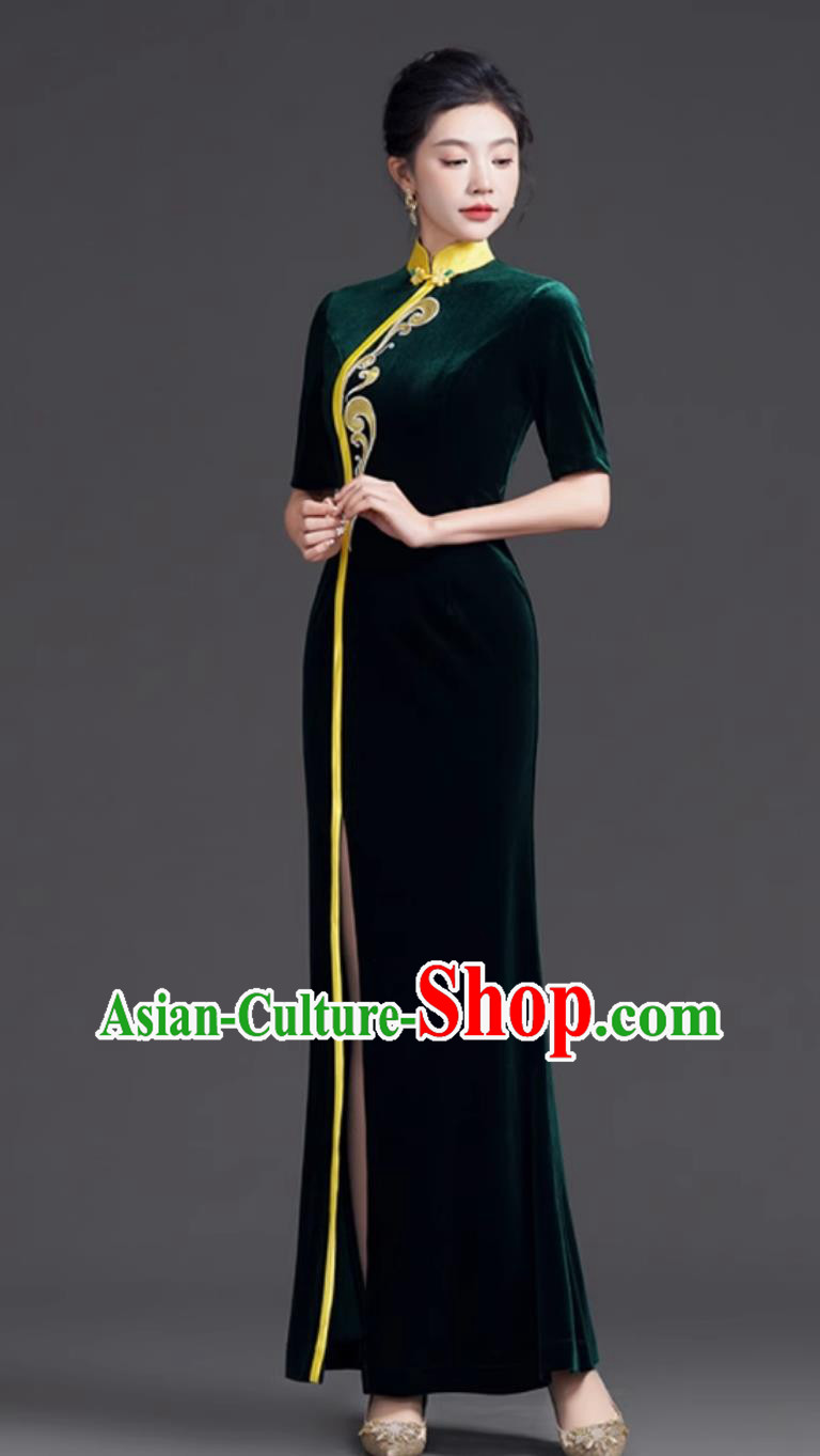 Mermaid Tail Qipao Dress Dark Green Slimming Velvet Runway Long Gown Mermaid Tail Qipao Dress Dark Green Slimming Velvet Runway Long Gown