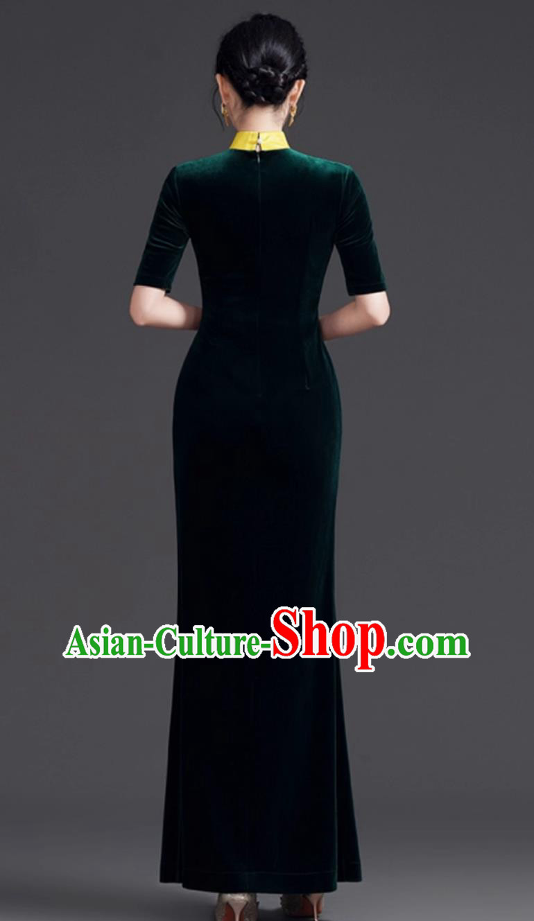 Mermaid Tail Qipao Dress Dark Green Slimming Velvet Runway Long Gown Mermaid Tail Qipao Dress Dark Green Slimming Velvet Runway Long Gown