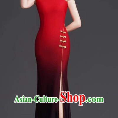 Chinese Style Banquet Evening Gown Gradient Mermaid Tail High Slit Stage Performance Runway Dress