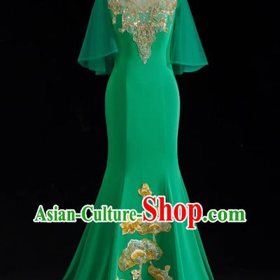 Chinese Style Evening Gown Green Trailing Long Style Runway Performance Outfit Mermaid Fit Annual Gala Dress