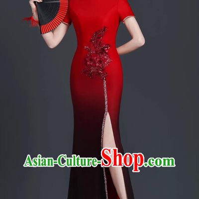 Model Stage Catwalk Performance Qipao Slim Long Dress Chinese Style Banquet Evening Gown