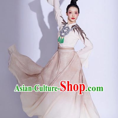 Women Elegant Chinese Style Jade Bird Dance Outfit Classical Dance Costume Art Exam Fan Dance Performance Wear