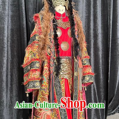 Chinese Nuo Opera Primitive Tribe Priest Clothing Hand Embroidered Red Garment Ethnic Minority Dance Performance Costume