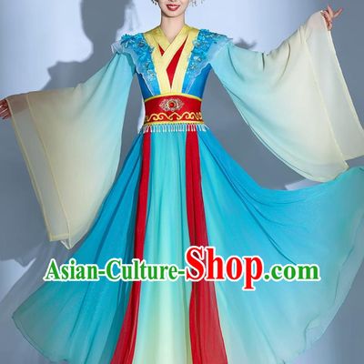 Chinese Han Tang Dynasty Ethereal Dance Attire Classical Dance Costume Seven Fairies Blue Dress
