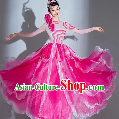 Pink Grand Opening Dance Flared Dress Stage Performance Costume China Song Dance Attire Peony Dress